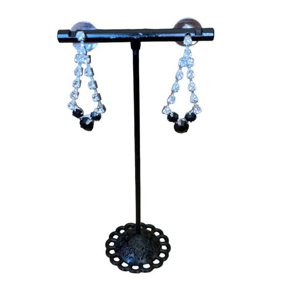 Vintage Dangle Rhinestone Earrings Black & Clear - Picture 1 of 6